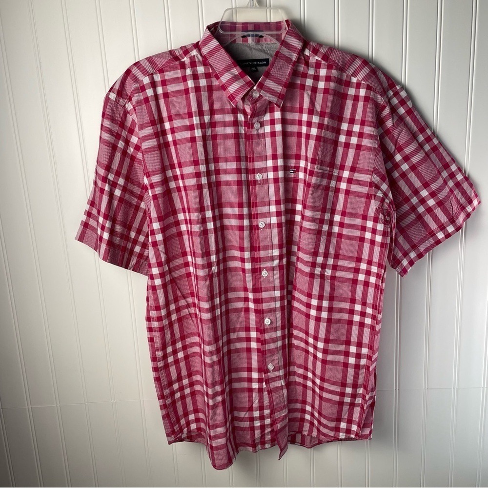 Tommy Hexagon Button‎ Down Shirt Plaid 2XL Pink White Short Sleeve Cotton
